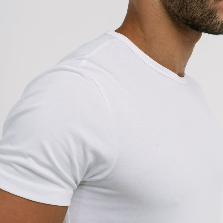 Premium crew neck t-shirt| collar close-up view #color_white